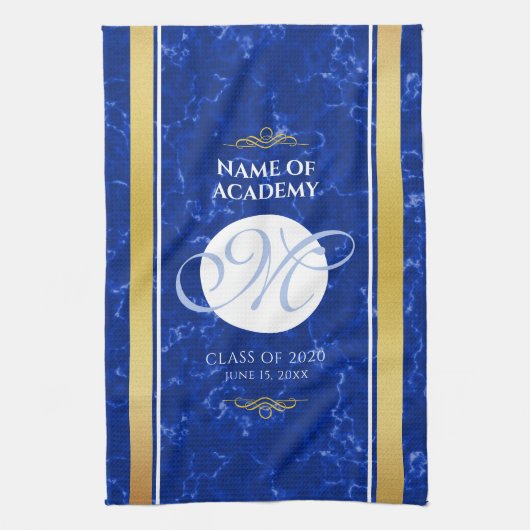 卒業式エレガントモノグラムブルー大理石ゴールド箔 キッチンタオル (縦)