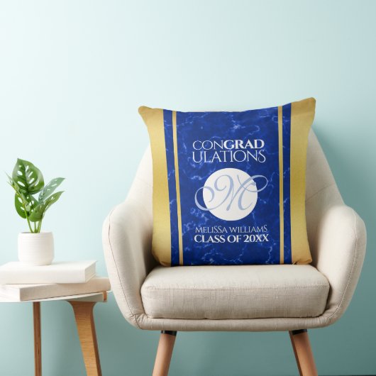 卒業式エレガントモノグラムブルー大理石ゴールド箔 クッション (椅子)