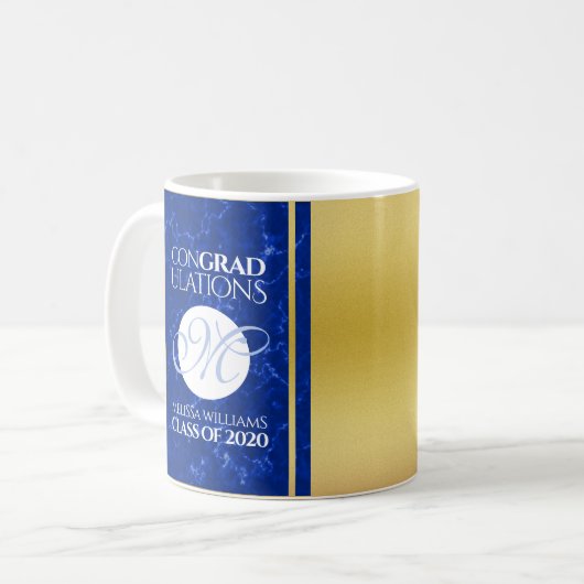 卒業式エレガントモノグラムブルー大理石ゴールド箔 コーヒーマグカップ (正面左)