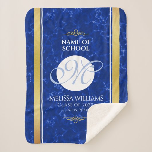 卒業式エレガントモノグラムブルー大理石ゴールド箔 シェルパブランケット (正面)