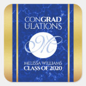 卒業式エレガントモノグラムブルー大理石ゴールド箔 スクエアシール (正面)