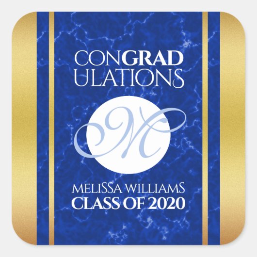 卒業式エレガントモノグラムブルー大理石ゴールド箔 スクエアシール (正面)