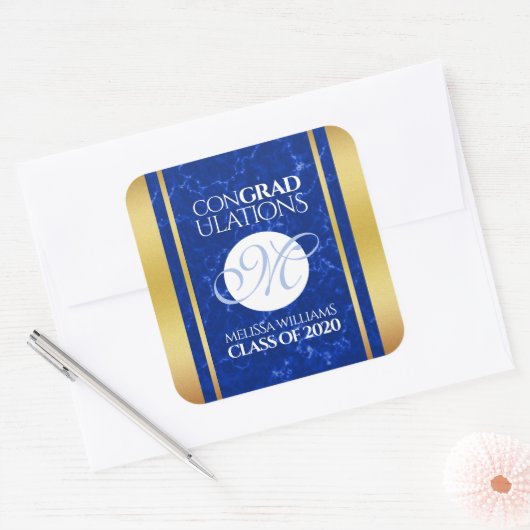 卒業式エレガントモノグラムブルー大理石ゴールド箔 スクエアシール (封筒)