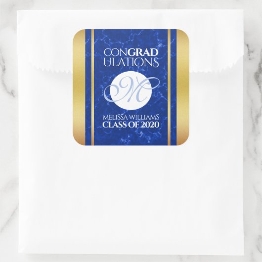 卒業式エレガントモノグラムブルー大理石ゴールド箔 スクエアシール (バッグ)