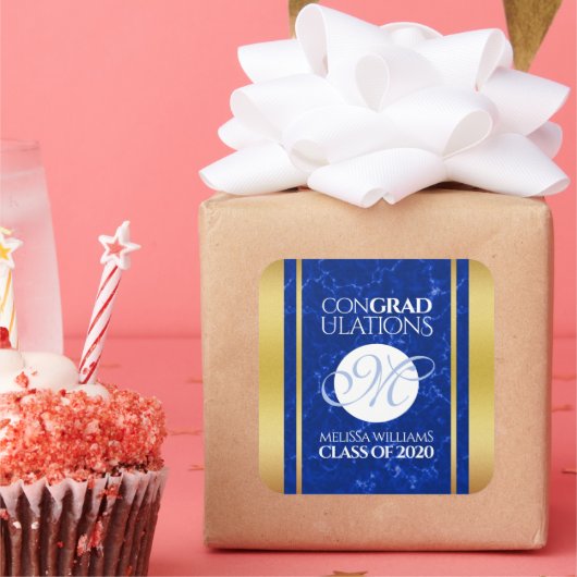 卒業式エレガントモノグラムブルー大理石ゴールド箔 スクエアシール (パーティー)