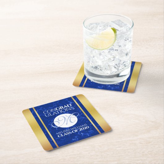 卒業式エレガントモノグラムブルー大理石ゴールド箔 スクエアペーパーコースター (インサイチュ)