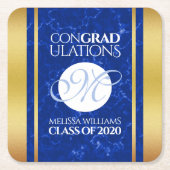 卒業式エレガントモノグラムブルー大理石ゴールド箔 スクエアペーパーコースター (正面)