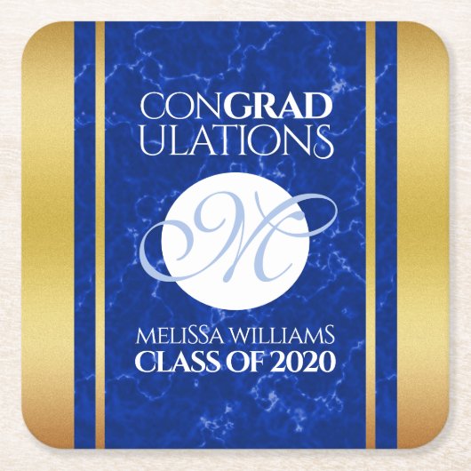 卒業式エレガントモノグラムブルー大理石ゴールド箔 スクエアペーパーコースター (正面)