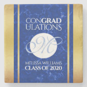 卒業式エレガントモノグラムブルー大理石ゴールド箔 ストーンコースター (正面)