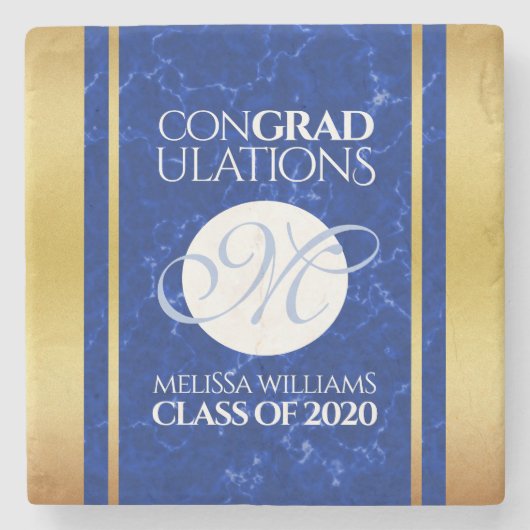 卒業式エレガントモノグラムブルー大理石ゴールド箔 ストーンコースター (正面)