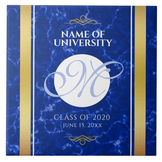 卒業式エレガントモノグラムブルー大理石ゴールド箔 タイル (正面)