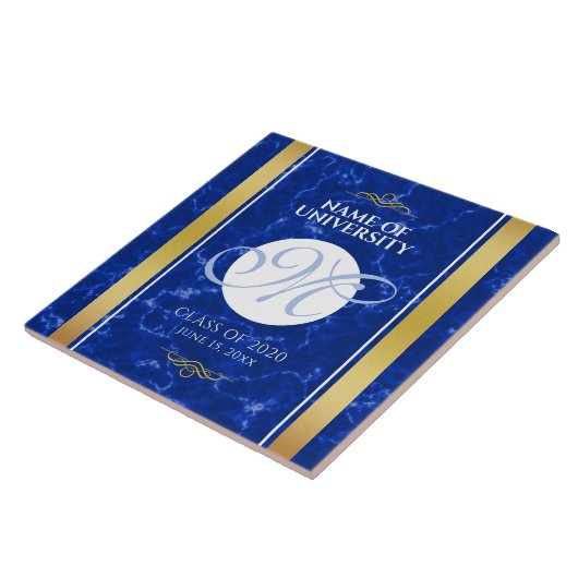 卒業式エレガントモノグラムブルー大理石ゴールド箔 タイル (側面)