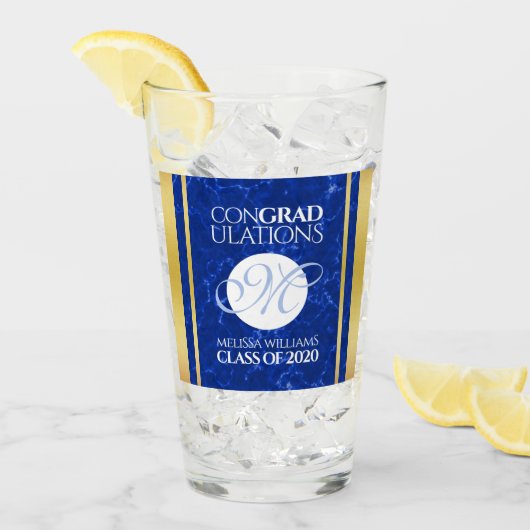 卒業式エレガントモノグラムブルー大理石ゴールド箔 タンブラーグラス (アイス正面)