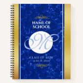卒業式エレガントモノグラムブルー大理石ゴールド箔 ノートブック (正面)