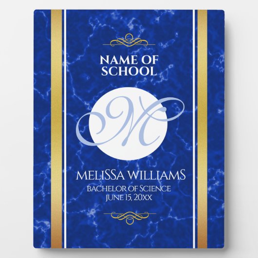 卒業式エレガントモノグラムブルー大理石ゴールド箔 フォトプラーク (正面)