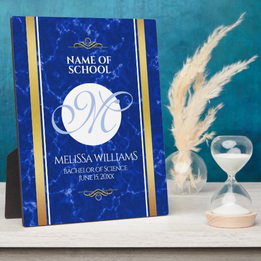 卒業式エレガントモノグラムブルー大理石ゴールド箔 フォトプラーク (側面)