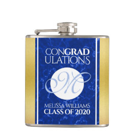 卒業式エレガントモノグラムブルー大理石ゴールド箔 フラスク