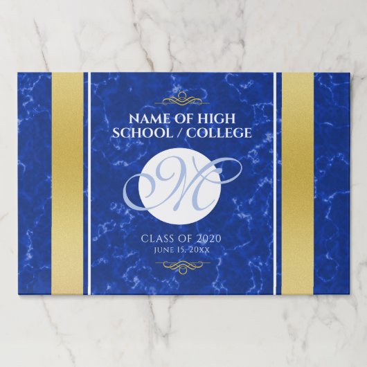 卒業式エレガントモノグラムブルー大理石ゴールド箔 ペーパーパッド (正面)