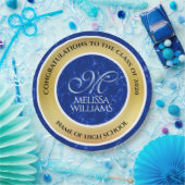 卒業式エレガントモノグラムブルー大理石ゴールド箔 ペーパープレート (パーティー)