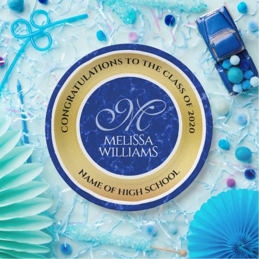 卒業式エレガントモノグラムブルー大理石ゴールド箔 ペーパープレート (パーティー)