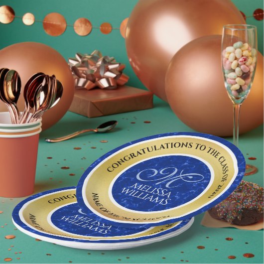 卒業式エレガントモノグラムブルー大理石ゴールド箔 ペーパープレート (複数)