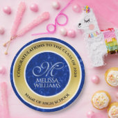 卒業式エレガントモノグラムブルー大理石ゴールド箔 ペーパープレート (パーティー)