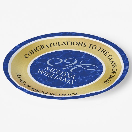 卒業式エレガントモノグラムブルー大理石ゴールド箔 ペーパープレート (アングル)