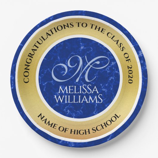 卒業式エレガントモノグラムブルー大理石ゴールド箔 ペーパープレート (正面)