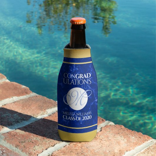 卒業式エレガントモノグラムブルー大理石ゴールド箔 ボトルクーラー (インサイチュ プール)