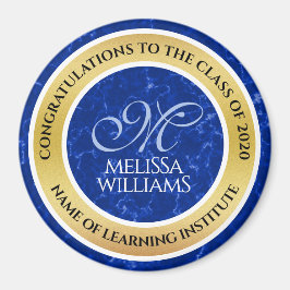 卒業式エレガントモノグラムブルー大理石ゴールド箔 マグネット