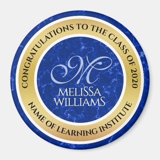 卒業式エレガントモノグラムブルー大理石ゴールド箔 マグネット (正面)