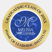 卒業式エレガントモノグラムブルー大理石ゴールド箔 ラウンドシール (正面)