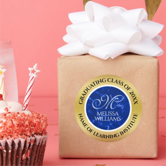 卒業式エレガントモノグラムブルー大理石ゴールド箔 ラウンドシール (パーティー)