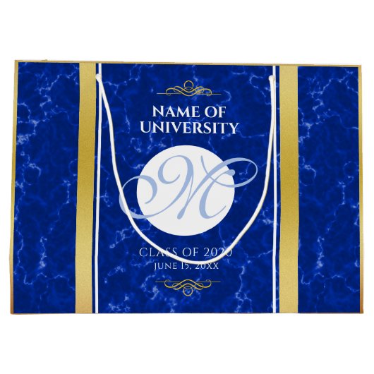 卒業式エレガントモノグラムブルー大理石ゴールド箔 ラージペーパーバッグ (裏面)
