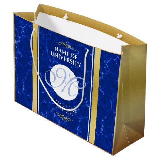 卒業式エレガントモノグラムブルー大理石ゴールド箔 ラージペーパーバッグ (裏面アングル)