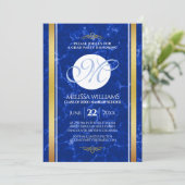 卒業式エレガントモノグラムブルー大理石ゴールド箔 招待状 (スタンド正面)