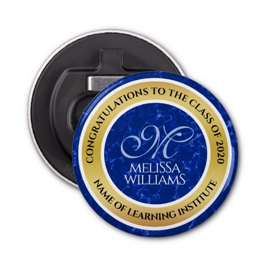 卒業式エレガントモノグラムブルー大理石ゴールド箔 栓抜き (正面)