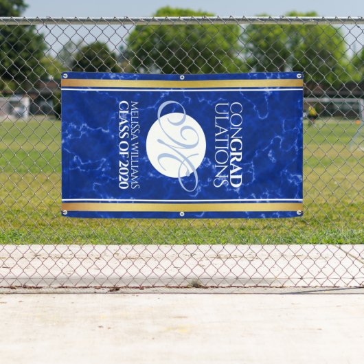 卒業式エレガントモノグラムブルー大理石ゴールド箔 横断幕 (インサイチュ)