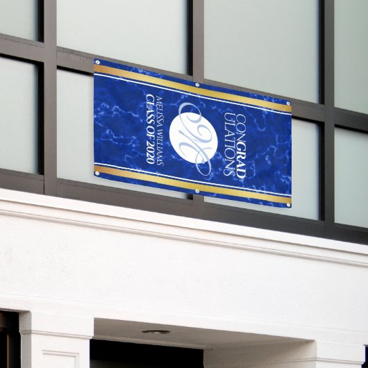 卒業式エレガントモノグラムブルー大理石ゴールド箔 横断幕 (ビルの外側)