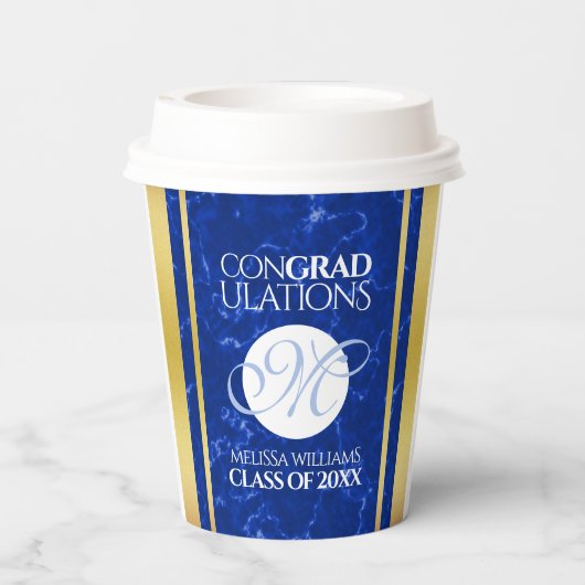 卒業式エレガントモノグラムブルー大理石ゴールド箔 紙コップ (裏面)