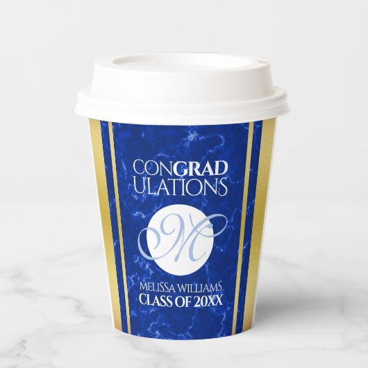 卒業式エレガントモノグラムブルー大理石ゴールド箔 紙コップ (正面)