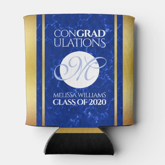 卒業式エレガントモノグラムブルー大理石ゴールド箔 缶クーラー (裏面)