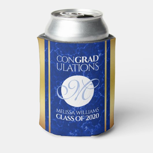 卒業式エレガントモノグラムブルー大理石ゴールド箔 缶クーラー (缶裏面)