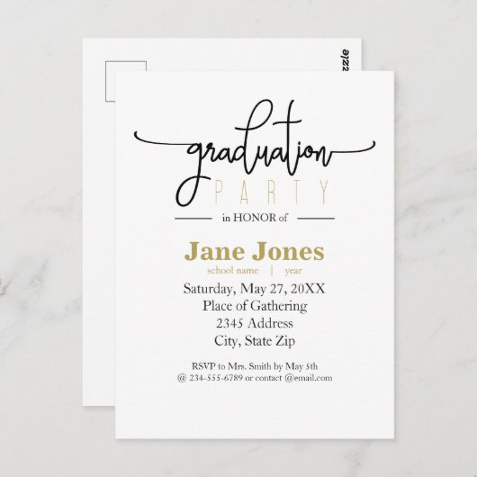 卒業式エレガント金フェイク箔パーティの招待状 ポストカード (正面/裏面)