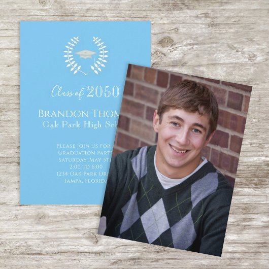 卒業式カロライナブルーの写真テンプレート シンプル 招待状