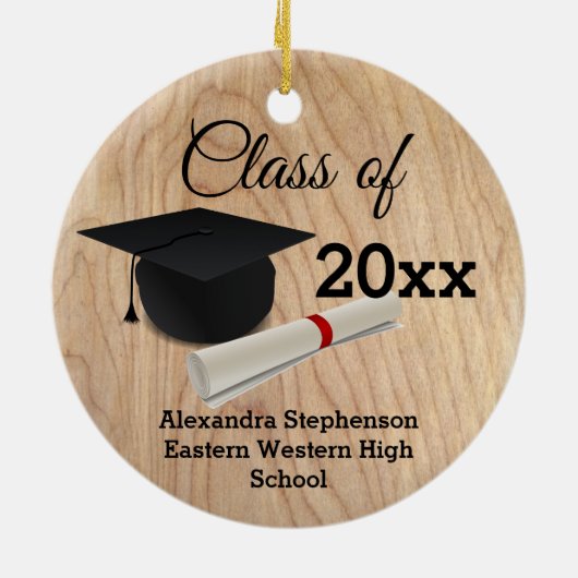 卒業式キャップの木目カスタマイズ セラミックオーナメント (裏面)