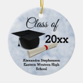 卒業式キャップディプロマブルーマーブルカスタマイズ セラミックオーナメント (正面)
