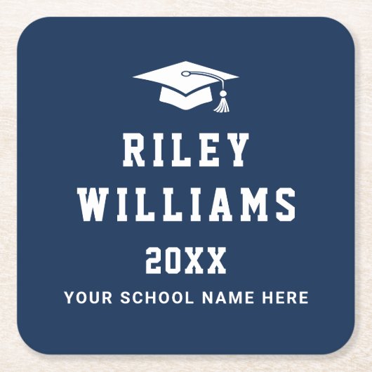卒業式キャップネーム大学スポーツフォントダークブルー スクエアペーパーコースター (正面)