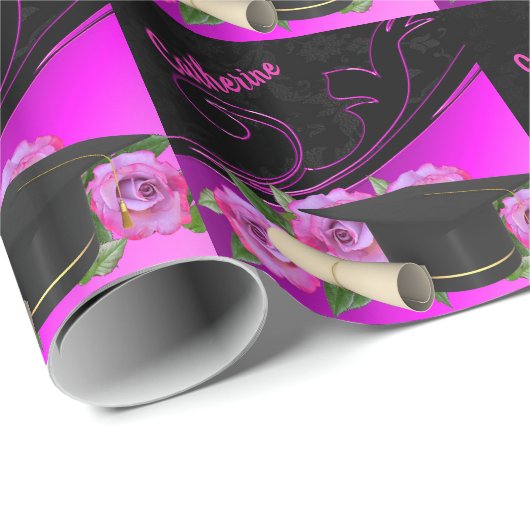 卒業式キャップ卒業証書ピンクブラックパーソナル ラッピングペーパー (ロールコーナー)