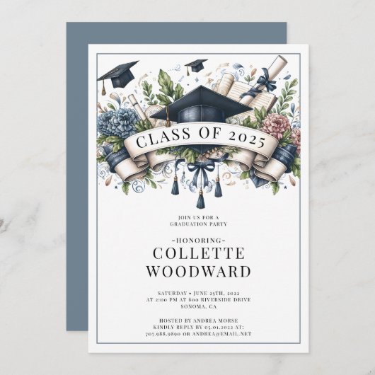 卒業式キャップ卒業証書フローラバナーグラードパーティー 招待状 (正面/裏面)